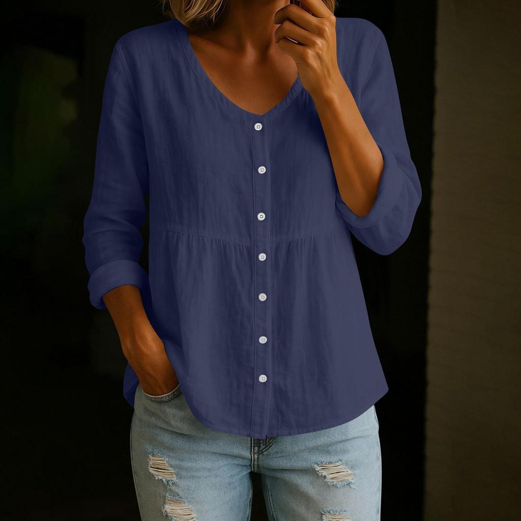 Modisches Damen V-Ausschnitt Leinen Langarmshirt Locker Lässig Knopfleiste Oberteil Für Frühling Und Pendeln