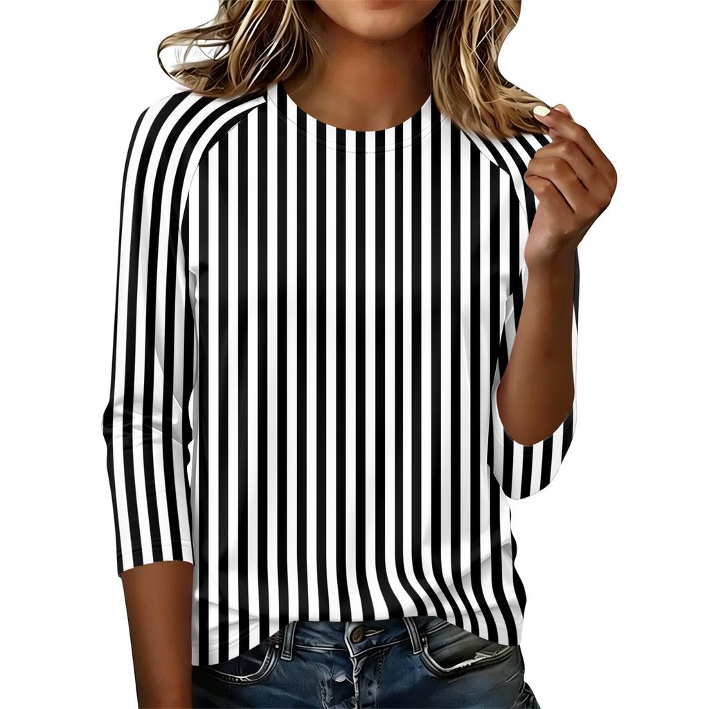 Damen Mode Lässig Bequem Raglanärmel Rundhals Dreiviertelärmel Gestreiftes Muster Pullover T-Shirt Oberteil