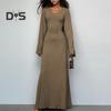 Women Dress U Neck Long Sleeve A Line Slim Fit Skinny Elastic Long Horn Sleeve Back Strap Lace Up Ankle Length Solid Color Maxi Dress