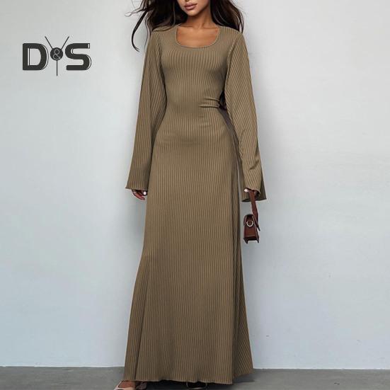 Women Dress U Neck Long Sleeve A Line Slim Fit Skinny Elastic Long Horn Sleeve Back Strap Lace Up Ankle Length Solid Color Maxi Dress