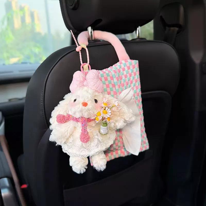 Cute Plush Rabbit Car Tissue Holder, Hanging Car Organizer, Pink