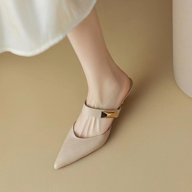 Fashion Fashionable Women's Pointed Toe Toe Sandals 2025 Summer New Semi Slippers with Metal Buckle Decoration and Fine Heel Sandals