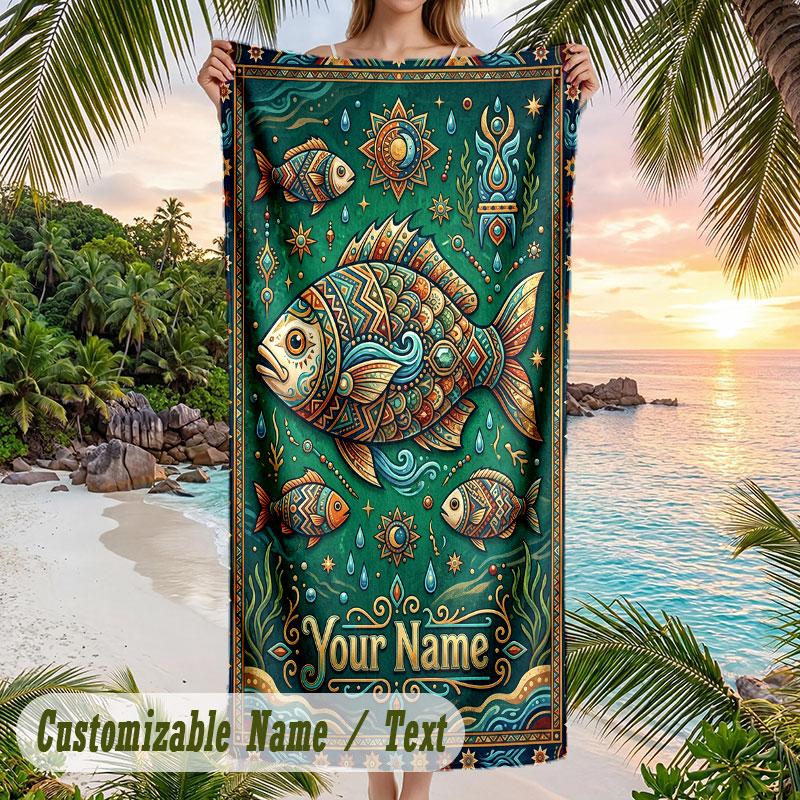 Ocean Waves Sun Theme Quick Dry Beach Towel Custom Name Text Print Large Sand Resistant Towel Beach Vacation