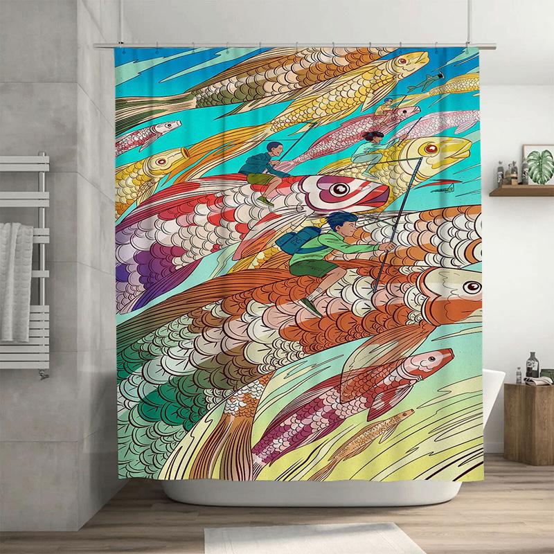 

Artistic Fish Print Shower Curtain for Bathroom Decor Multicolored Wall Hanging Waterproof Fabric with Hook Set (Blue) 90x180cm