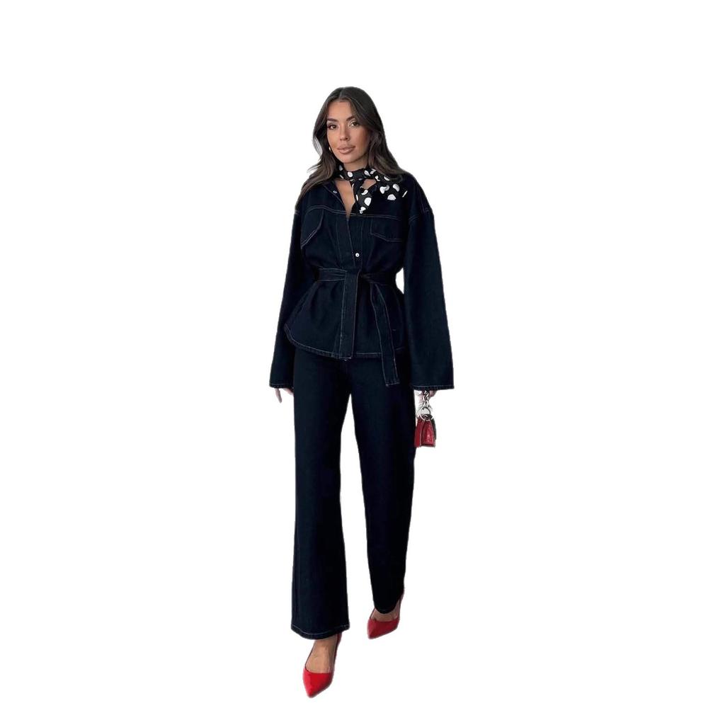 2025 Cross-border European and American Women's Clothing Amazon Fashion Casual Lapel Denim Lace Retro Versatile Two Pieces