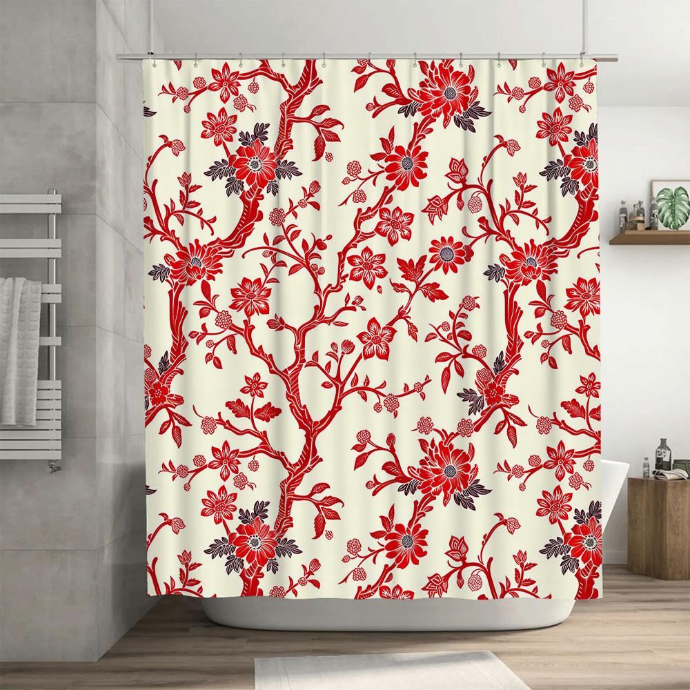 Red Floral Shower Curtain Red Flower Print Home Decor Bathroom Decoration Waterproof Shower Curtain 36x72in/90X183cm (White Back