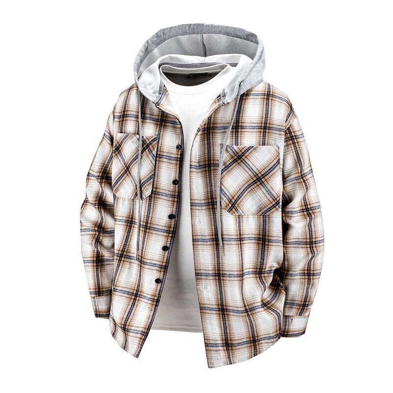 Men s European Style Plaid Hooded Long-Sleeve Shacket, Loose Fit, Plus Size XXL