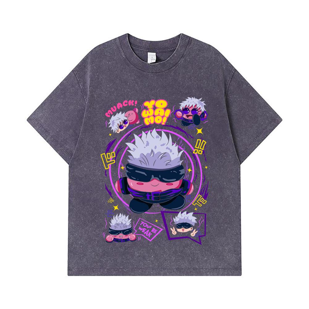 275 GSM Washed T-shirts 100% Cotton Jujutsu Kaisen V41 Kirby Gojo Print Unisex Heavy Cotton T Shirt