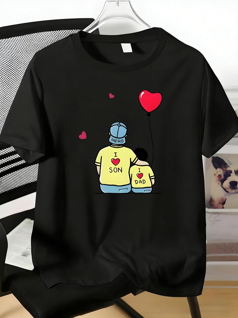Unisexs Tee Father Son Heart Balloon Cartoon Print Cotton Short Sleeve Male Casual Streetwear Outdoor Daily Basic Fashion Top