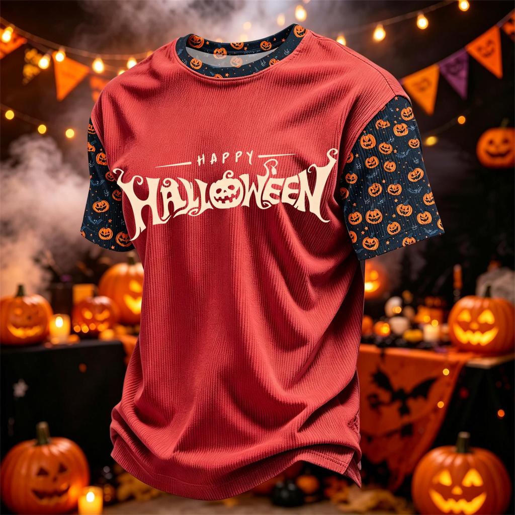 Herren Casual Corduroy Kurzarm Leicht Atmungsaktiv Rundhalsausschnitt Oberteil Halloween-Thema Aufdruck Buchstaben Design Bequeme Passform