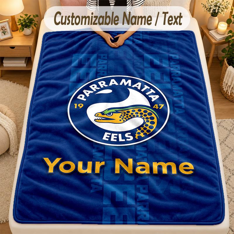 Flannel BlanketParramatta Eels Custom Name Text Personalized Soft Warm Throw Blanket Home Decor Gift