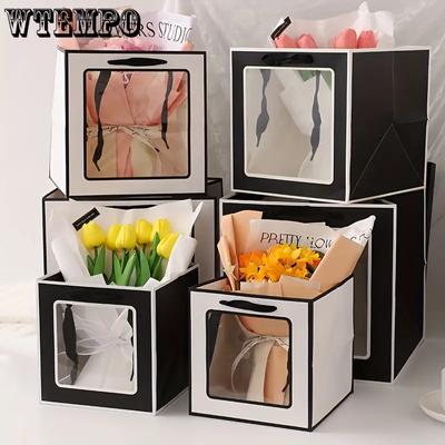 WTEMPO 12 STÜCKE 15*15*15 CM Transparente Fenster Geschenktüten aus Papier Quadratische Festiavl Präsentiert Verpackungstüten Valentinstag Blumen Tragetaschen