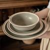 Vintage Thick White Edge Ceramic Bowl Plate Tableware Round Bowl Household Dish Plate Large Plate Restaurant Salad Bowl Ramen Bowl
