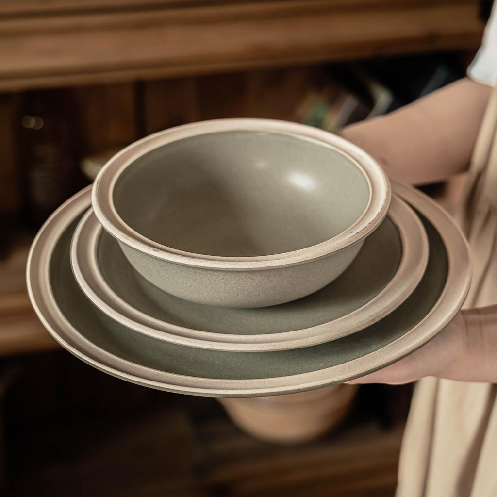 Vintage Thick White Edge Ceramic Bowl Plate Tableware Round Bowl Household Dish Plate Large Plate Restaurant Salad Bowl Ramen Bowl