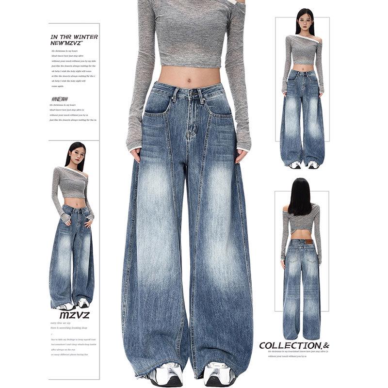 2025 Plus Size Retro Blue Wide-Leg High-Waisted Jeans for Women