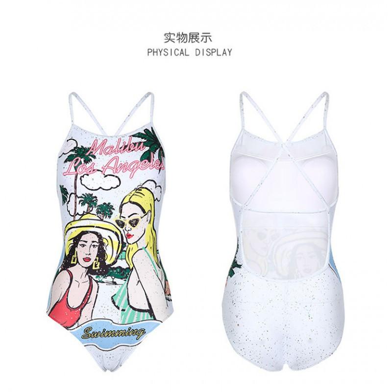 Siamese Beauty Print Sexy Leaky Back Racing Sports Tight-fitting Waist To Show Slimming Large Size Swimming Pool Hot Suit