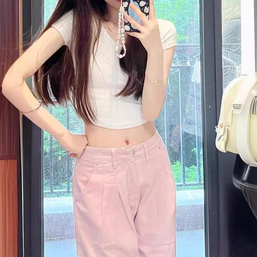 

Свободные прямые джинсы в стиле ретро розового цвета со складками для женщин. Летние облегающие брюки в пол с драпировкой и широкими штанинами L