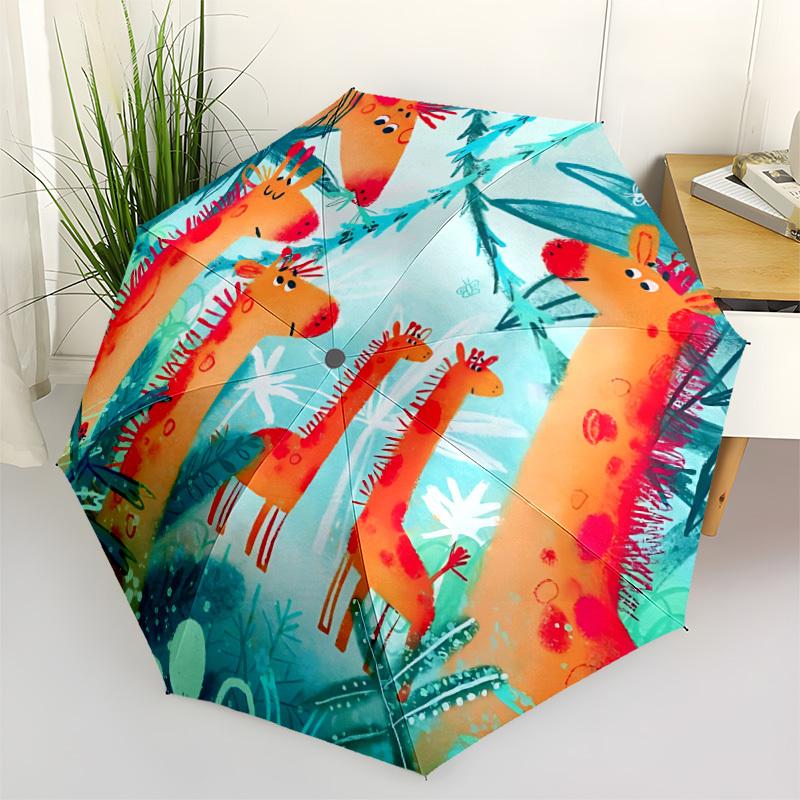 1pc Giraffe Forest Automatic Open/Close Umbrella with Folding Feature Compact Travel Umbrella, Lightweight Design, for Commuting001