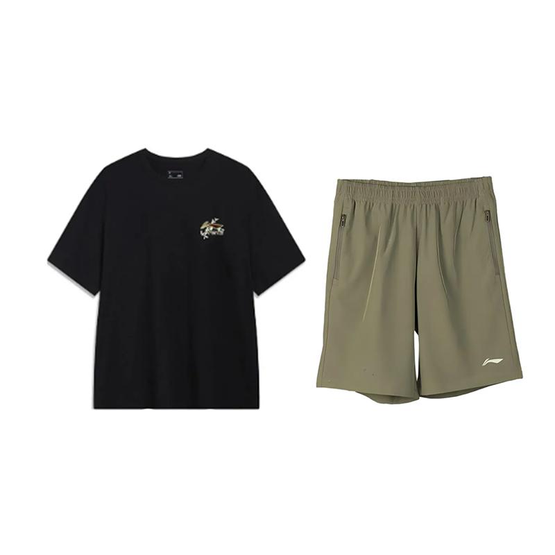 

Li Ning Футболка с принтом логотипа растения, модная, универсальная, удобная, пуловер с круглым вырезом, футболка с коротким рукавом, повседневный спортивный костюм, унисекс, топы AHSU973-2+AKSV841-1 XL