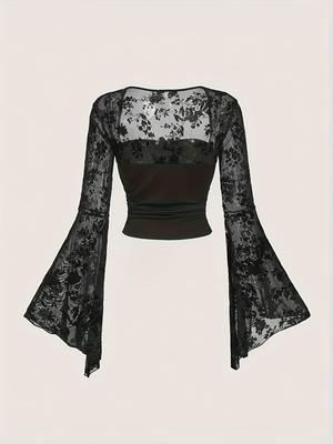 Lace Patchwork Mesh Long-sleeved Top - 2026 European & American Chic