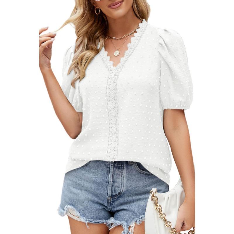 

Summer Lace Splicing Dot Jacquard Blouse Casual Elegant Women Short Sleeved Shirt New Sweet Loose Tops Solid Color Simple V Neck Women s Clothing S