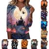 Women V Neck Button Three Quarter Sleeve Top Halloween Print Casual Loose Fit T Shirt for Daily and Holiday Wear