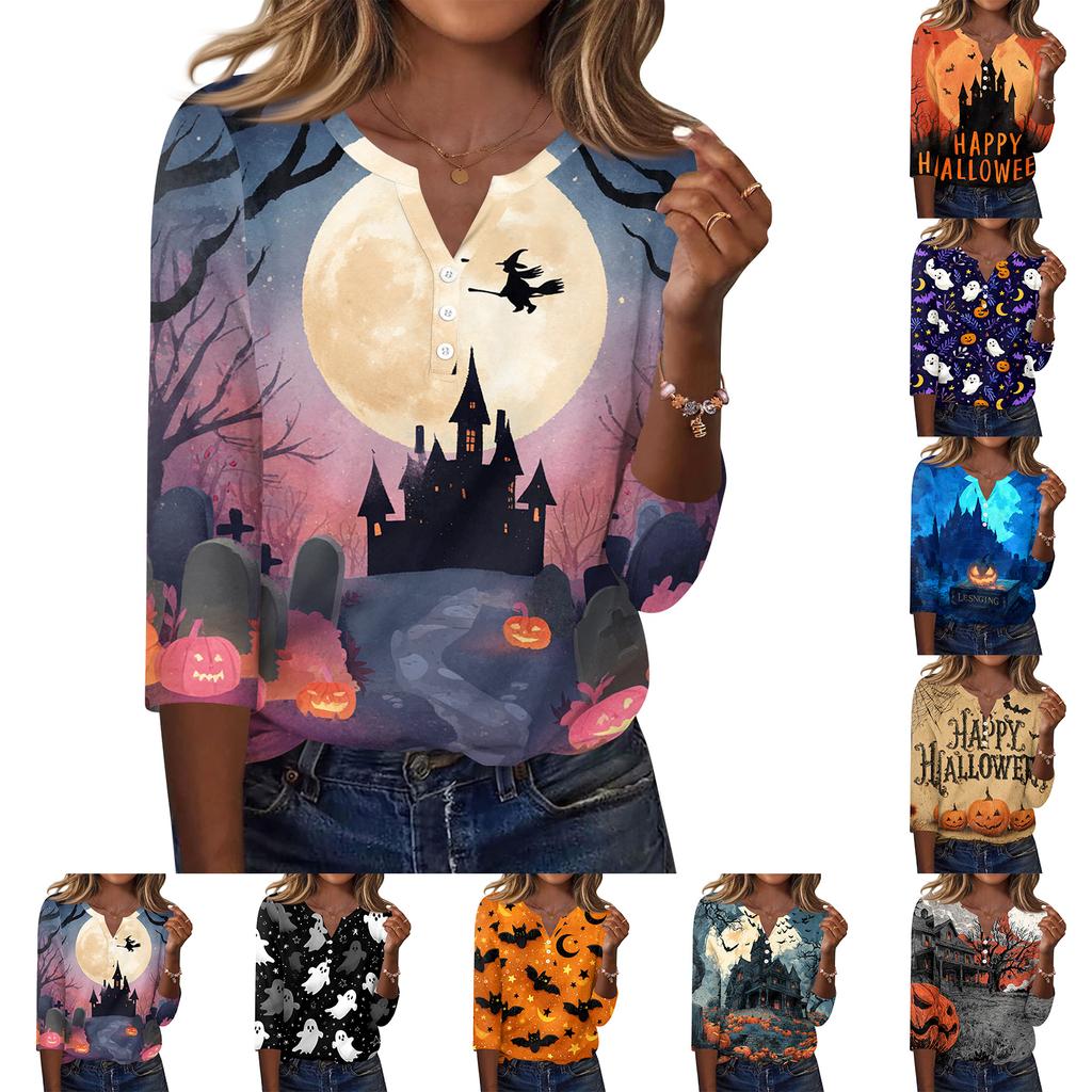 Women V Neck Button Three Quarter Sleeve Top Halloween Print Casual Loose Fit T Shirt for Daily and Holiday Wear