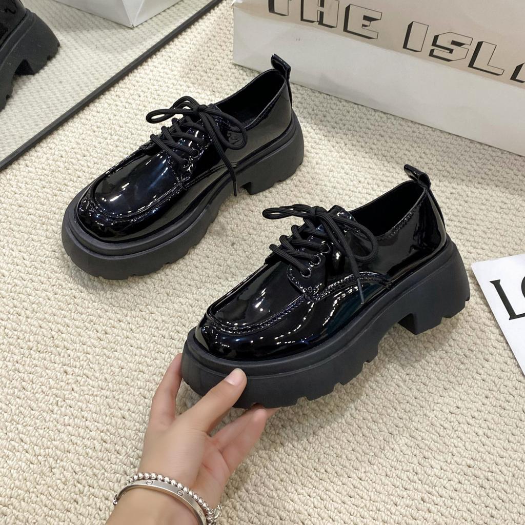 Platform Loafer Small Leather Shoes 2025 Spring New Retro British Style Black Versatile with Skirt Lace-up Small Leather Shoes