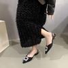 2025 New Summer Fairy Style Temperament Shallow Mouth Pointed Head Rhinestone Square Buckle Thin Heel Bag Head Rear Empty Low Heel Sandals Woman