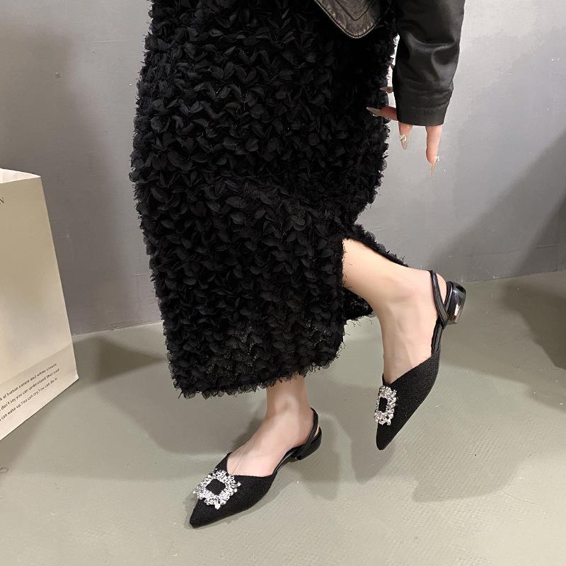 2025 New Summer Fairy Style Temperament Shallow Mouth Pointed Head Rhinestone Square Buckle Thin Heel Bag Head Rear Empty Low Heel Sandals Woman