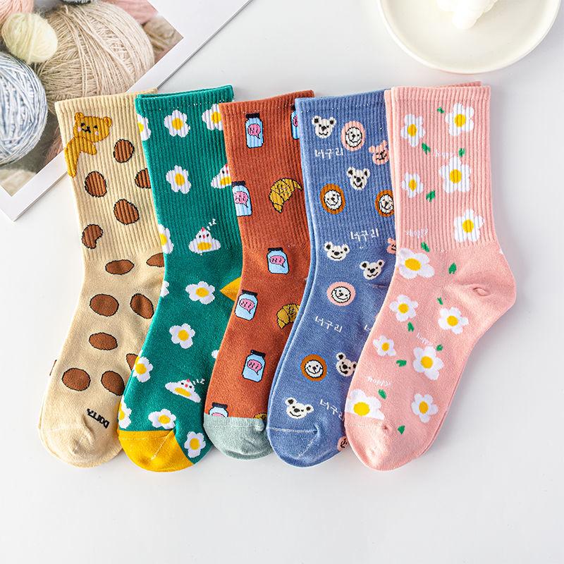 

Случайные пять пар женских носков с модным принтом и рисунком из мультфильмов, зимние толстые теплые ворсовые носки in random