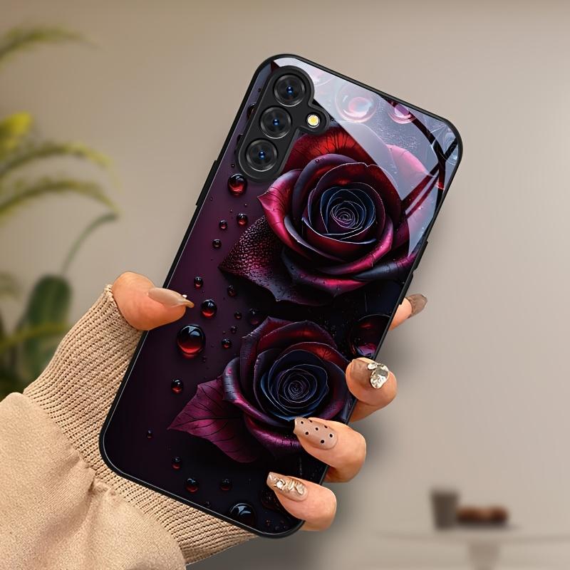 Red Flower Patterned Glass Phone Case Suitable for Samsung Galaxy S26 S25 S24 S23 S22 S20 FE/Ultra/Plus Anti Drop Back Cover