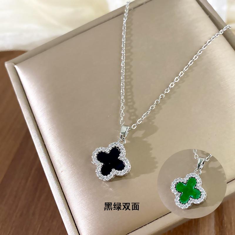 Titanium Steel Four-leaf Clover Full Diamond Necklace Women's Double-sided Design Flower Pendant High