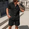 Conjunto Casual de Duas Peças para Homem no Verão Camisa de Botão de Manga Curta e Conjunto de Calções Tecido Leve e Respirável para Uso Diário