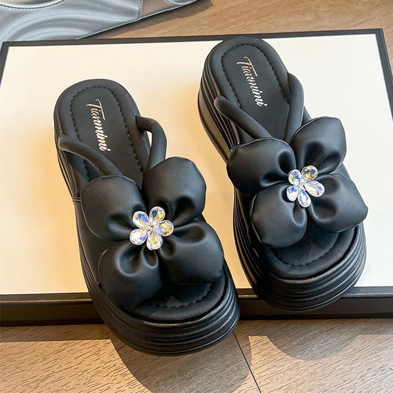 

Fairy style muffin thick-soled diamond flower with skirt sandals female outer wear summer new fashion versatile beach sandals 35 чёрный