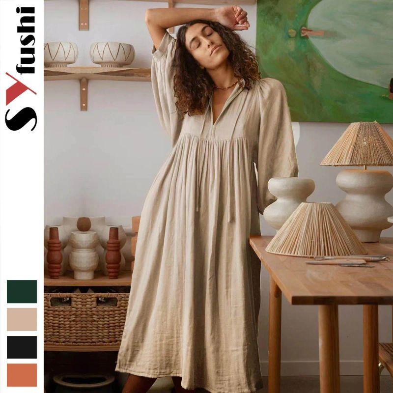 Cross-Border Amazon Autumn New Plus size Loose Long sleeve Lantern Sleeve Casual Retro Solid Long Dress