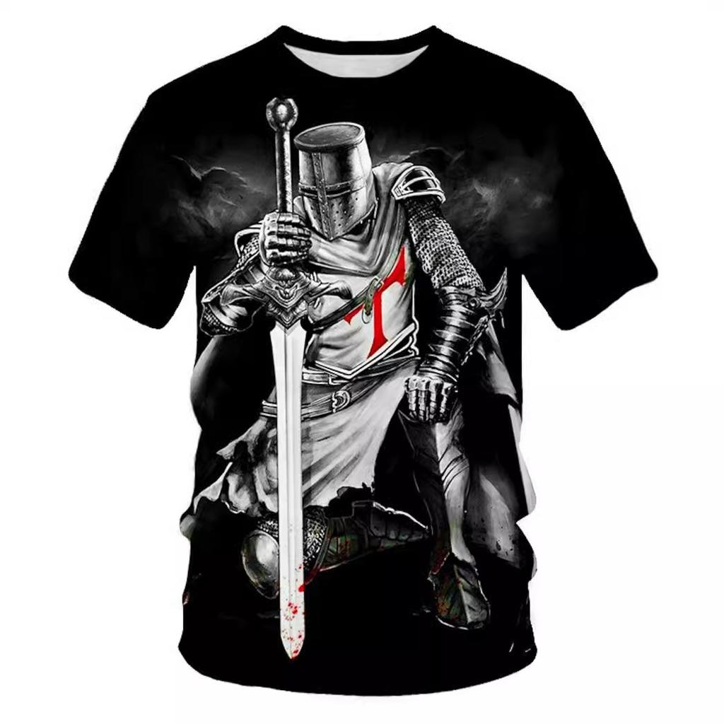 Summer Round Neck 3D The Knights Templar Crusades Pattern Print Top Fashionable Casual Short Sleeved Men's T-shirts