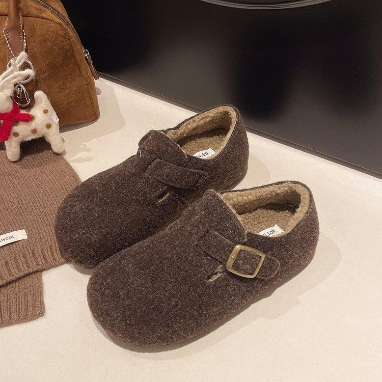 Retro round head felt plush Birkenstocks plush autumn and winter thermal cotton ladyshoes wool 35