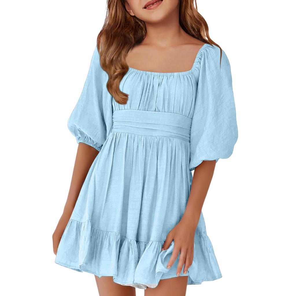 Children's Casual Bubble-Sleeve Backless Waist-Tied Bow-Pleated Dress