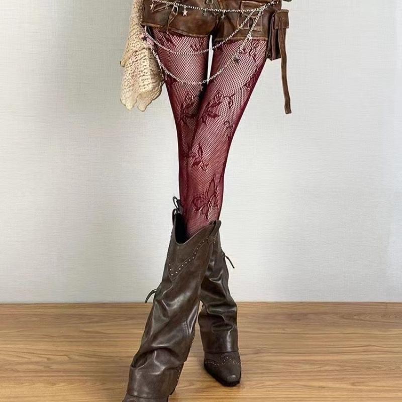 

Женские сексуальные сетчатые чулки с узорами в виде бабочек и цветов, костюмы, униформа, цветовая схема Майяр, новый стиль, ажурные колготки One Size вино красного