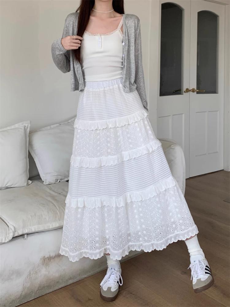 Weiß Hohl Lange Kuchen Rock Frauen Frühjahr Hohe Taille Spitze Patchwork Rüschen EINE Linie Midi Röcke Süße Ballett Kleidung