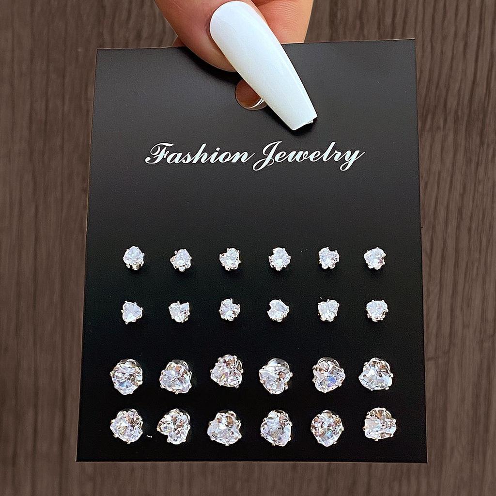 Retro Heart-Shaped Zirconia Crystal Stud Earrings Set - 12 Pairs