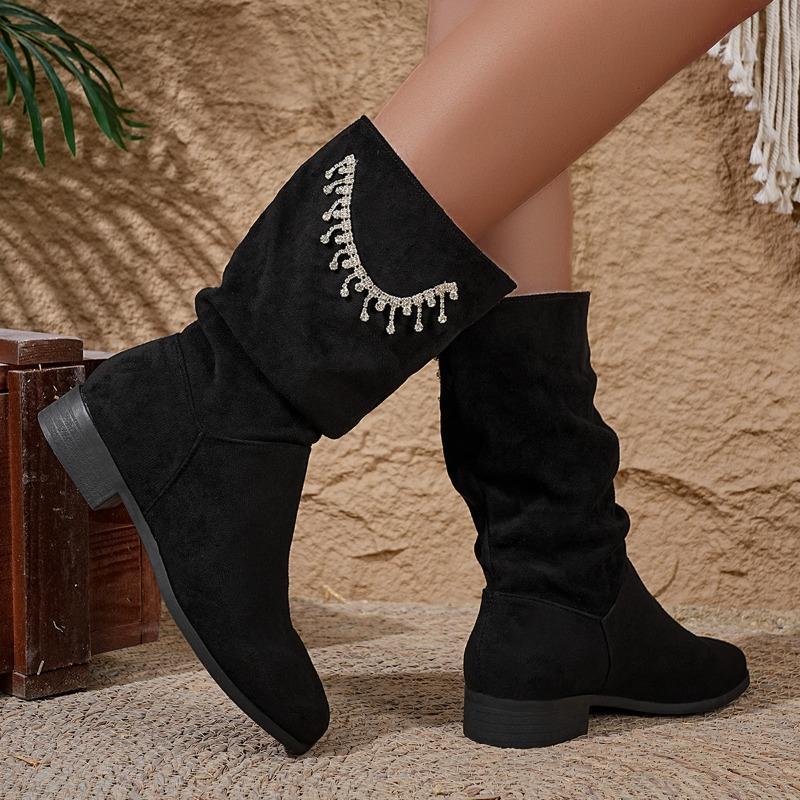 Suede Stack Boots Women's Round Toe Sleeve Rhinestone Soft Slip Anti-Wear Mid-Cylinder Boots