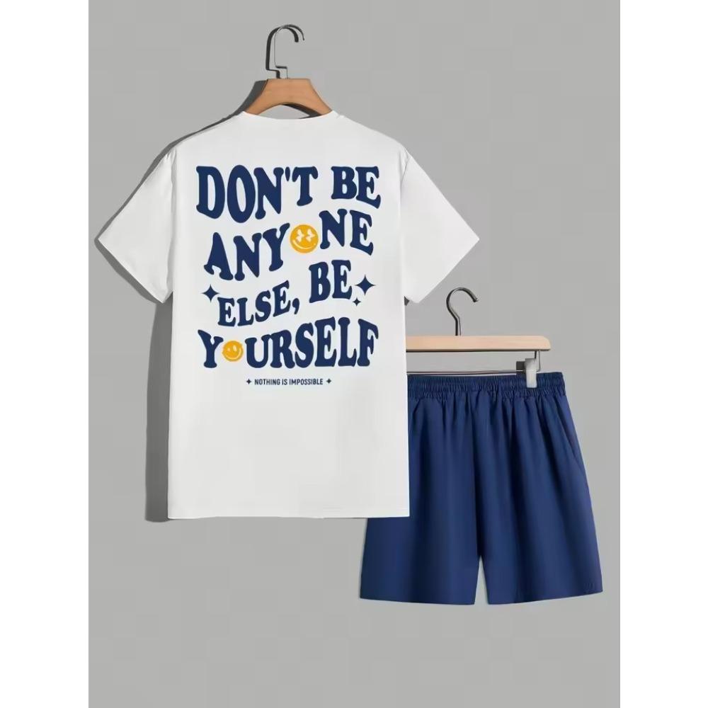 Men's New Summer Fashionable Breathable Round Neck Top Paired with Letter Pattern Drawstring Shorts Casual Sweat Wicking Set