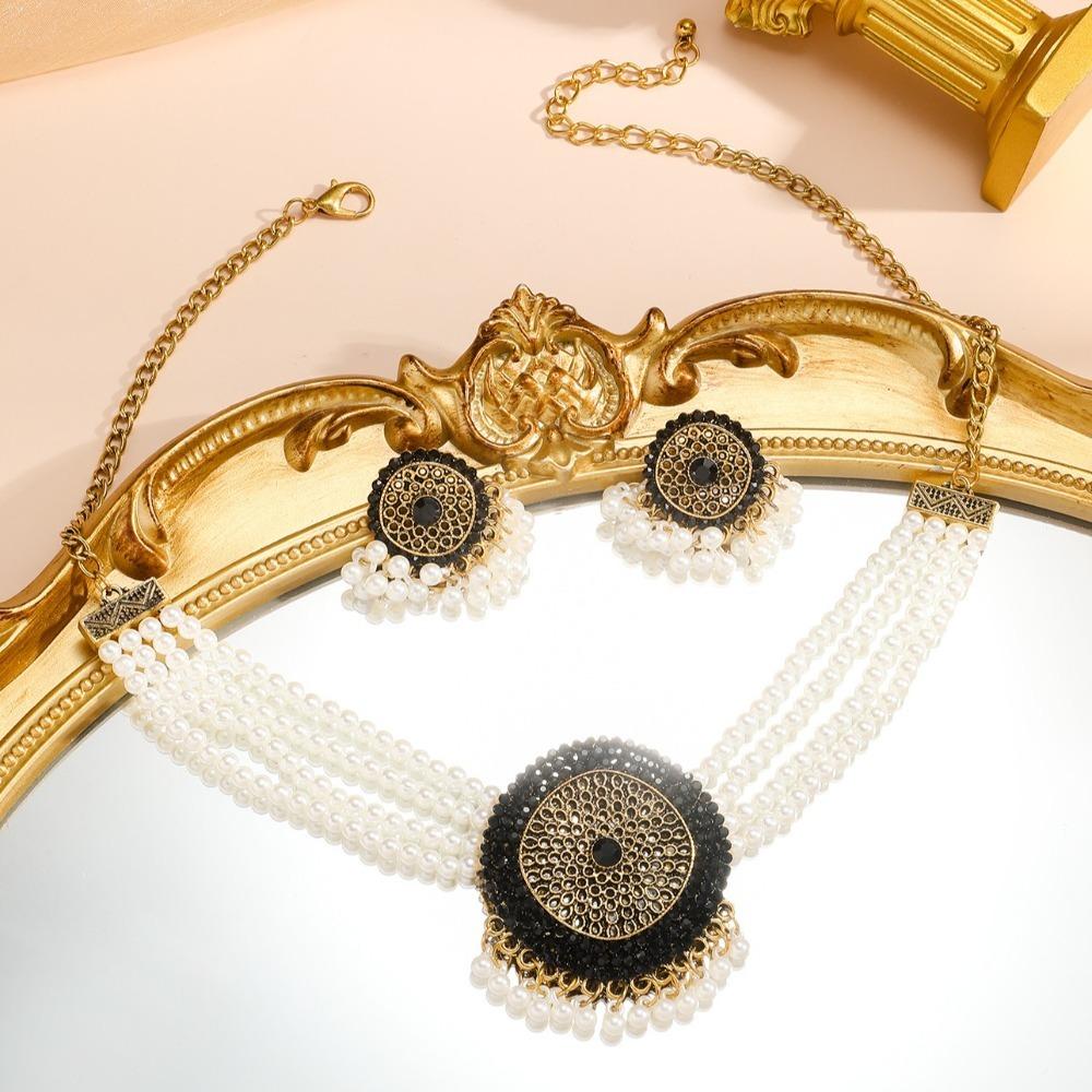 Imitation Pearl Rhinestone Necklace Earrings Luxury Choker Necklace Set Retro Jewelry Set Party