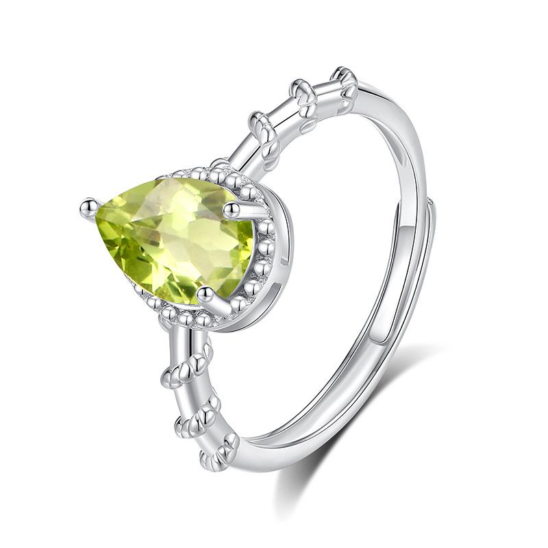 New Product Water Drop Natural Crystal Stone Olivine Colored Treasure Ring S925 Sterling Silver Niche Finger Ring Fashion Retro Jewelry Gift