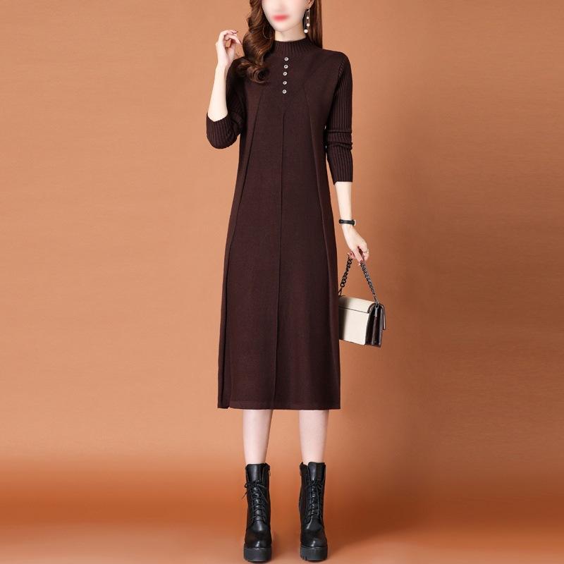 Autumn/Winter Half High Collar Knitted Dress for Women Stylish and Slim Medium To Long Knee Length Sweater Skirt