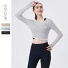 Women's Spring Striped Slimming Yoga Crop Top with Thumb Holes - Long Sleeve Fitness Shirt