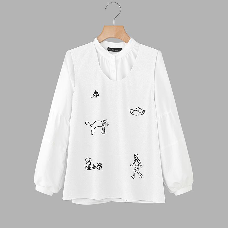 ZANZEA Women Casual Round Neck Long Sleeve Patchwork Blouse