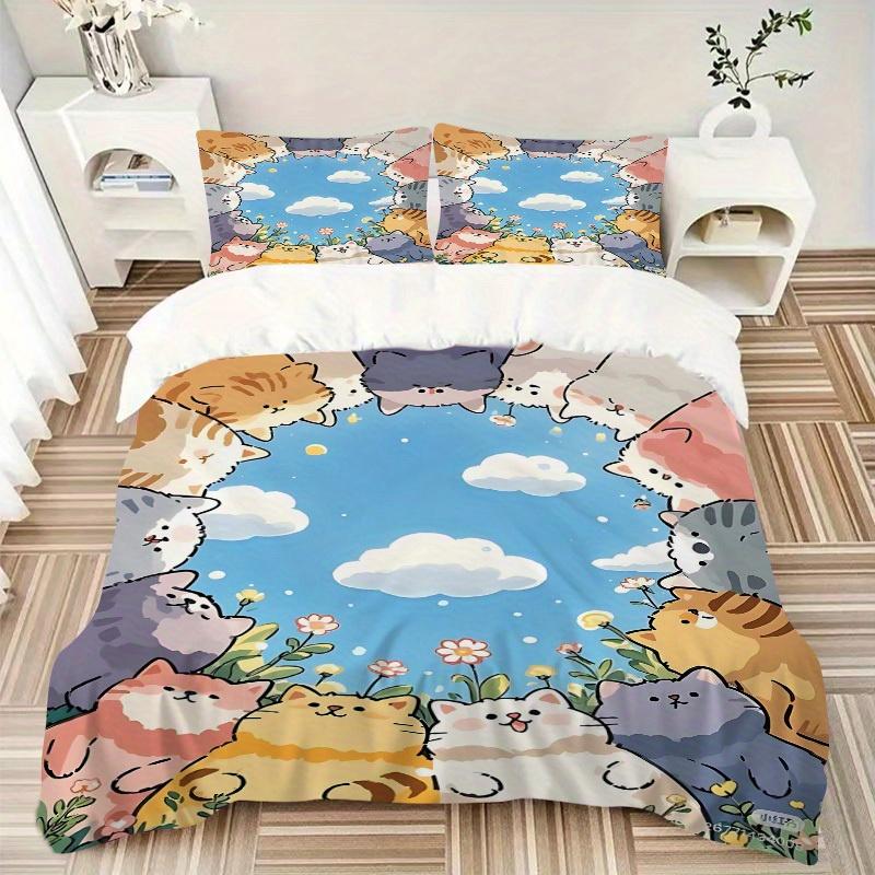 3pcs Cute Cats Bedding Set, Breathable And Soft, Suitable for All Seasons Machine Washable, Suitable for Bedroom Decoration,yy250822157